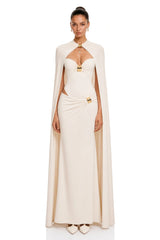 Patricie White Ruched Maxi Dress  Cape Set with Metal Hardware