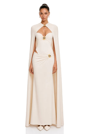 Patricie White Ruched Maxi Dress  Cape Set with Metal Hardware