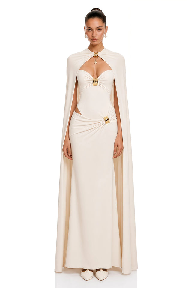 Patricie White Ruched Maxi Dress  Cape Set with Metal Hardware
