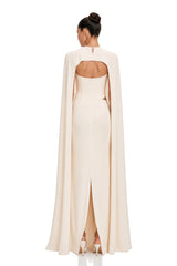 Patricie White Ruched Maxi Dress  Cape Set with Metal Hardware