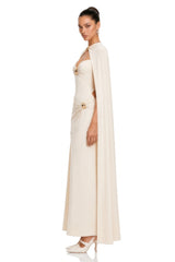 Patricie White Ruched Maxi Dress  Cape Set with Metal Hardware