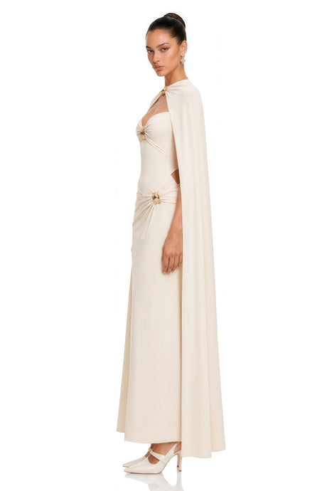 Evelyn Maxi Dress White Ruched & Cape Set with Metal Hardware