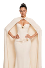 Patricie White Ruched Maxi Dress  Cape Set with Metal Hardware