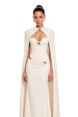 Patricie White Ruched Maxi Dress  Cape Set with Metal Hardware