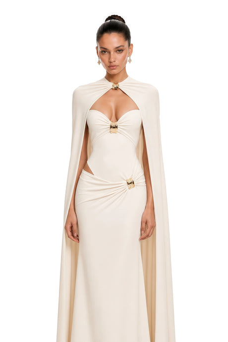 Evelyn Maxi Dress White Ruched & Cape Set with Metal Hardware