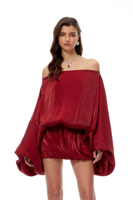 Marta Mini Dress Red Off Shoulder Glossy