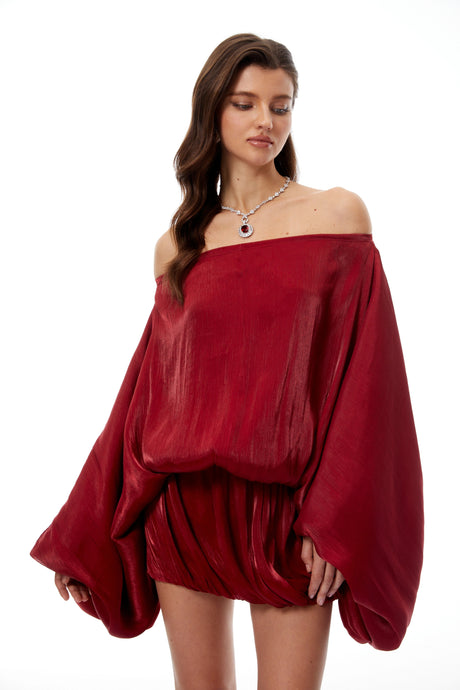 Marta Mini Dress Red Off Shoulder Glossy
