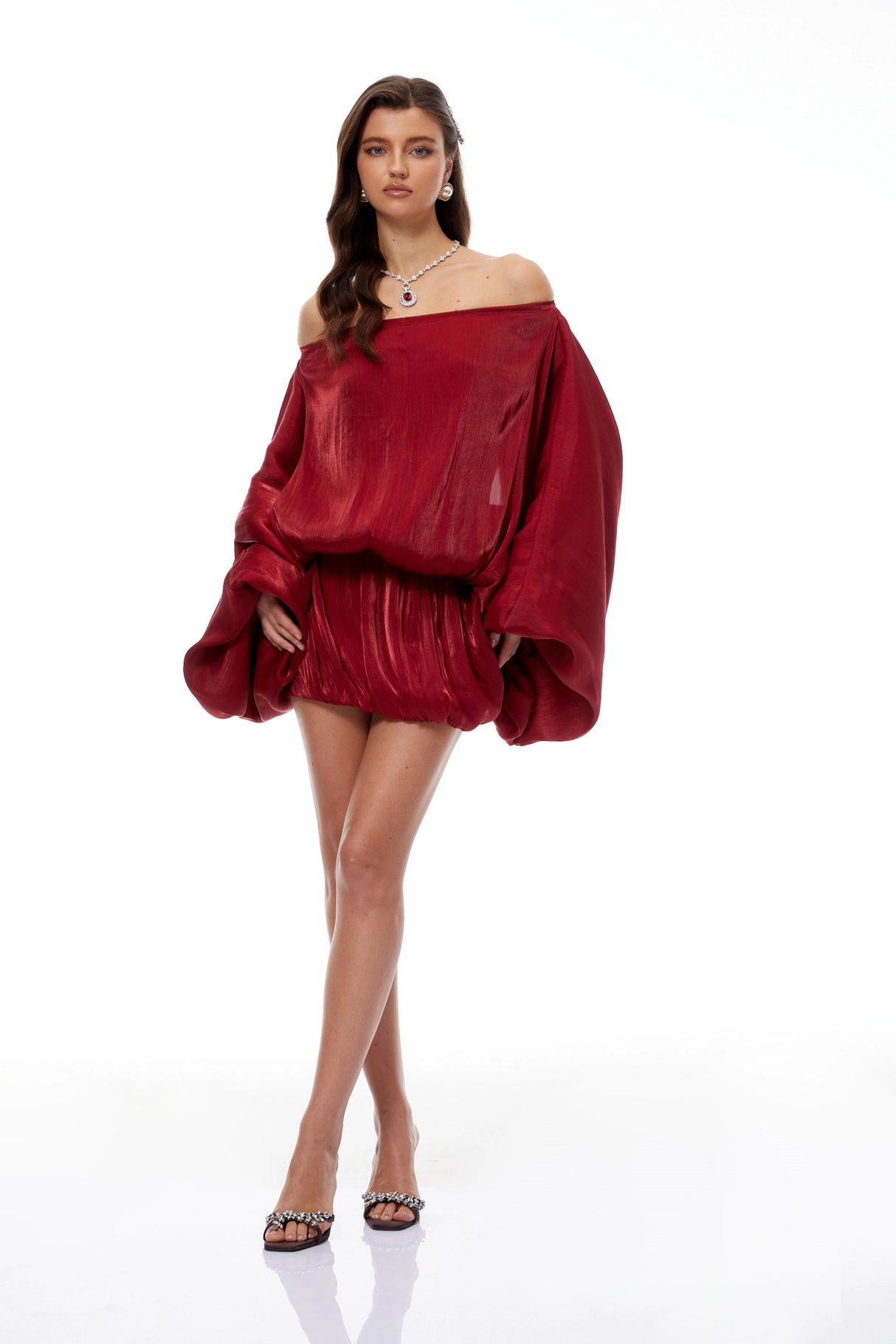 Patrizia Red Off Shoulder Glossy Mini Dress