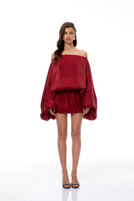 Marta Mini Dress Red Off Shoulder Glossy