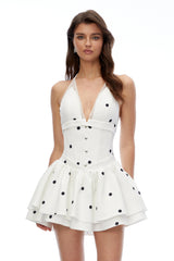 Patrizia White Plunge Neck Polka Dot Mini Dress
