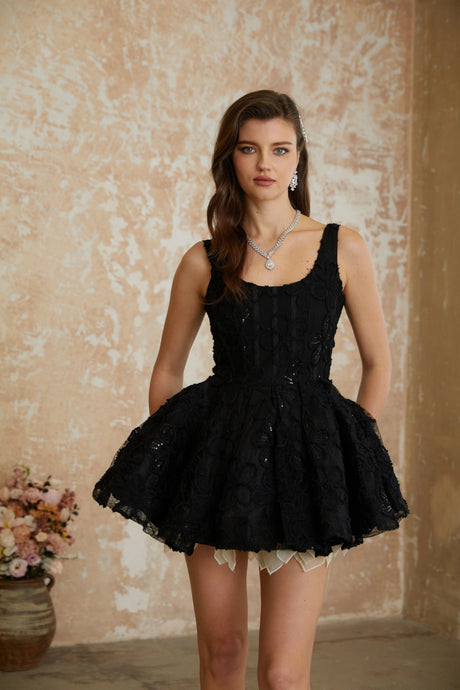 Haley Mini Dress Black Floral Embroidered