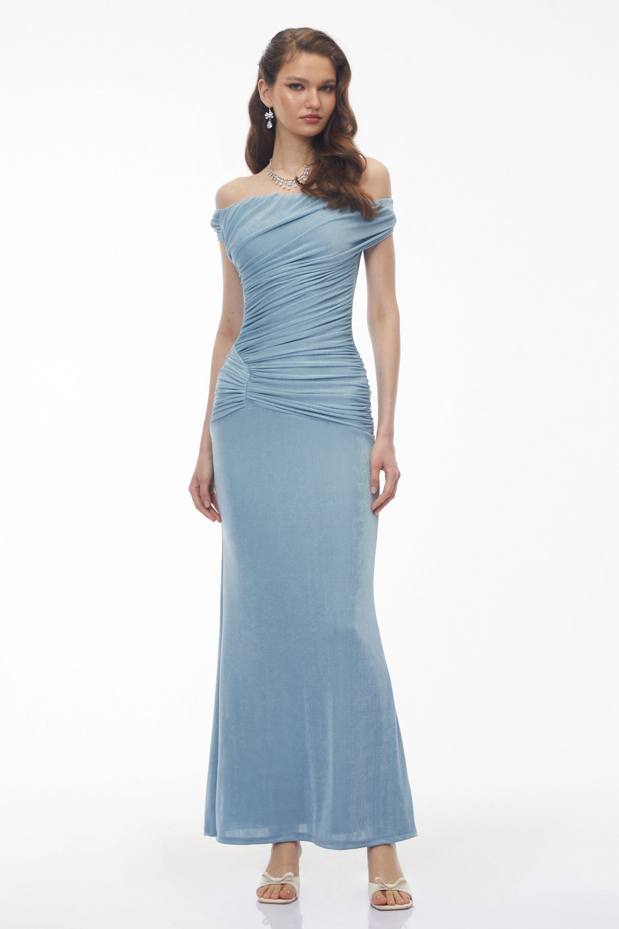 Paula Dusty Blue Asymmetrical Ruched Maxi Dress