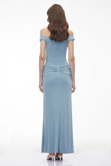 Paula Dusty Blue Asymmetrical Ruched Maxi Dress