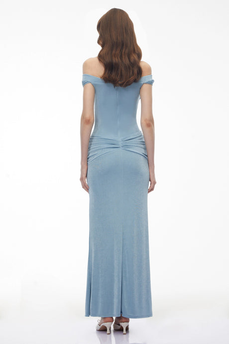 Penelope Maxi Dress Dusty Blue Asymmetrical Ruched