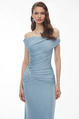 Paula Dusty Blue Asymmetrical Ruched Maxi Dress