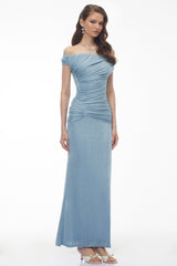 Paula Dusty Blue Asymmetrical Ruched Maxi Dress