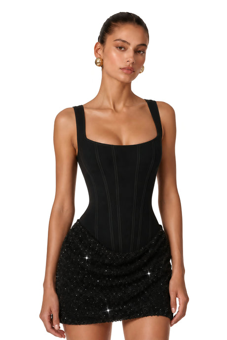 Cassandra Mini Dress Black Embellished Ruched Bodycon