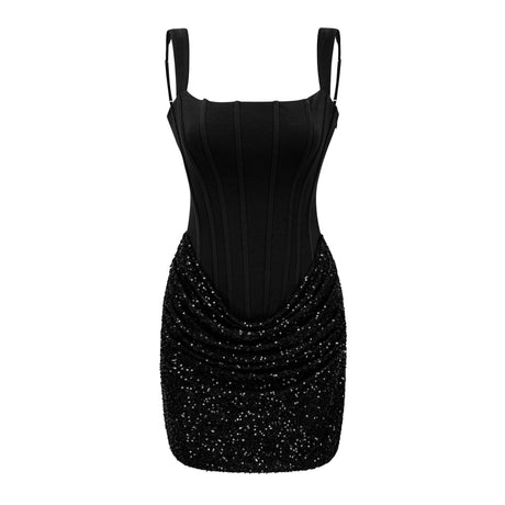 Cassandra Mini Dress Black Embellished Ruched Bodycon