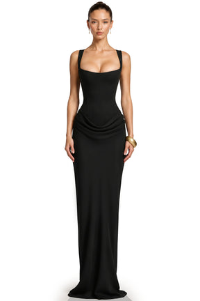 Paulette Black Ruched Corset Maxi Dress