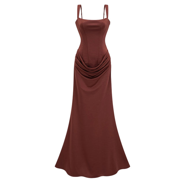 Paulette Brown Ruched Corset Maxi Dress