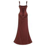 Paulette Brown Ruched Corset Maxi Dress