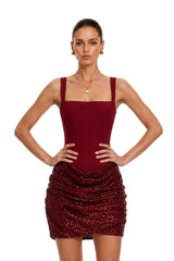 Paulette Red Embellished Ruched Bodycon Mini Dress