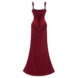 Paulette Red Ruched Corset Maxi Dress