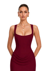 Paulette Red Ruched Corset Maxi Dress