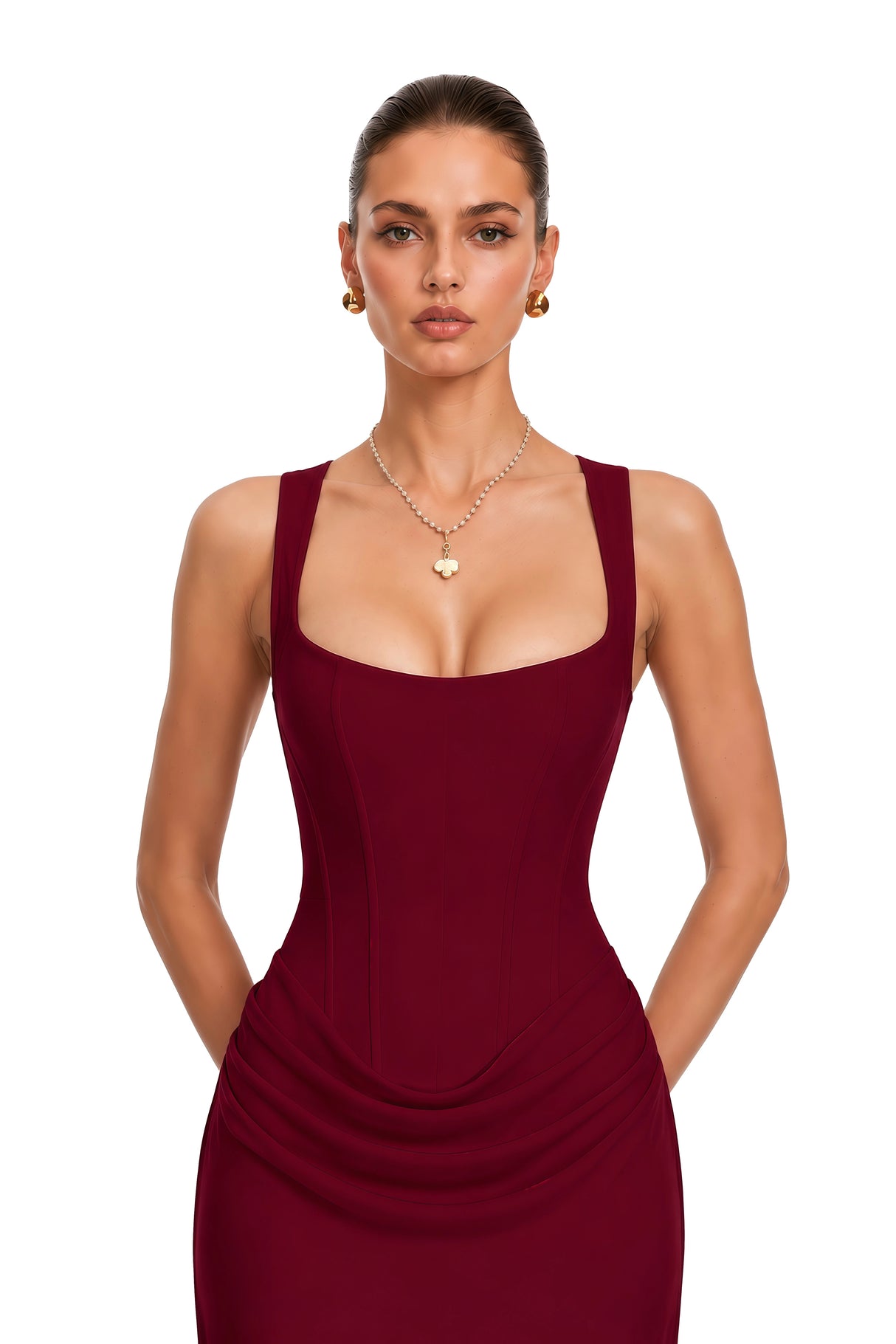 Paulette Red Ruched Corset Maxi Dress