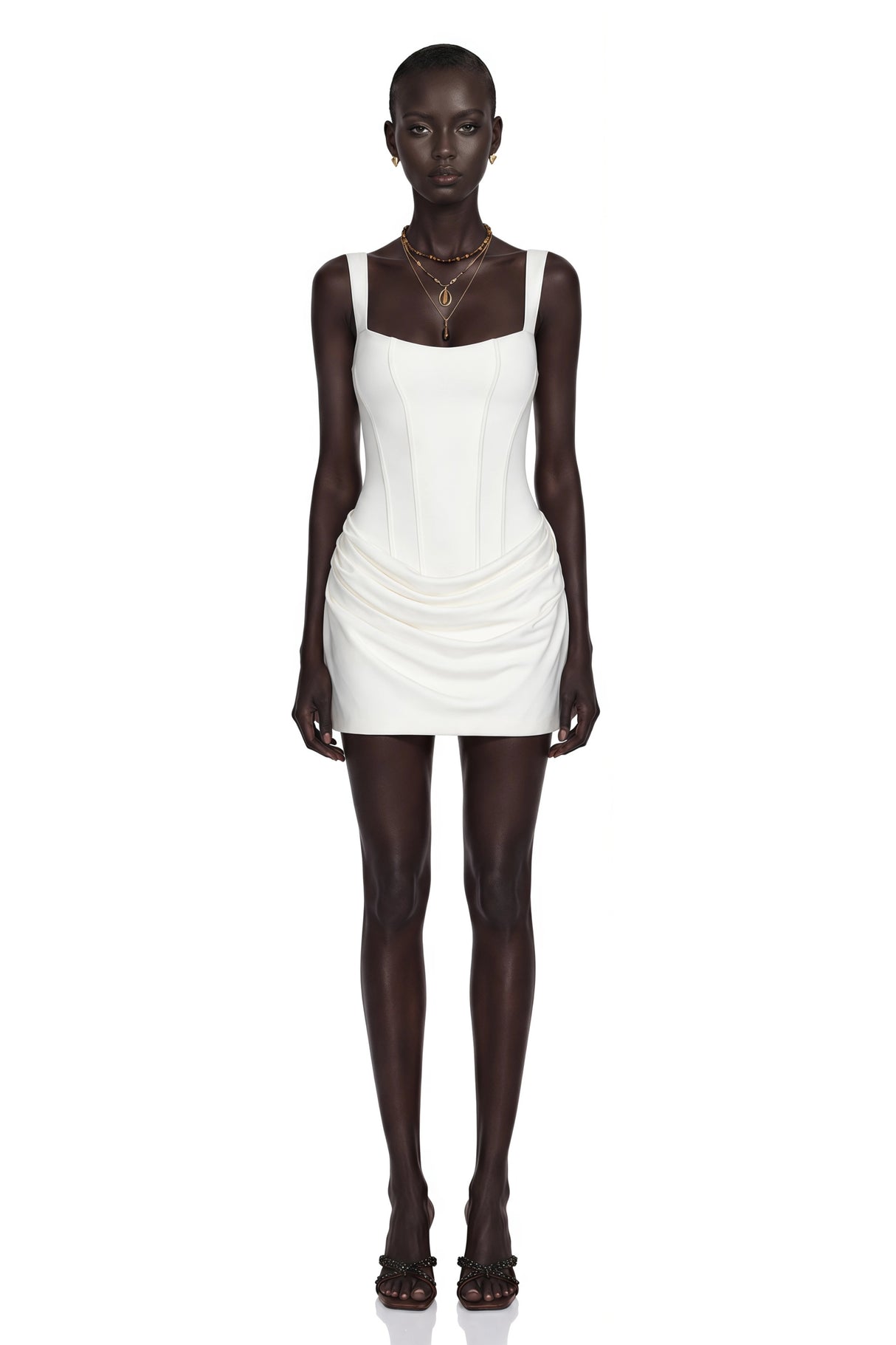 Paulette White Ruched Bodycon Mini Dress