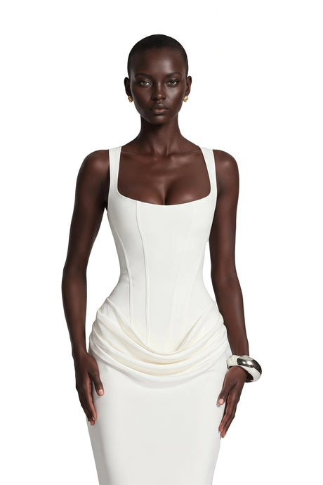 Addison Maxi Dress White Ruched Corset