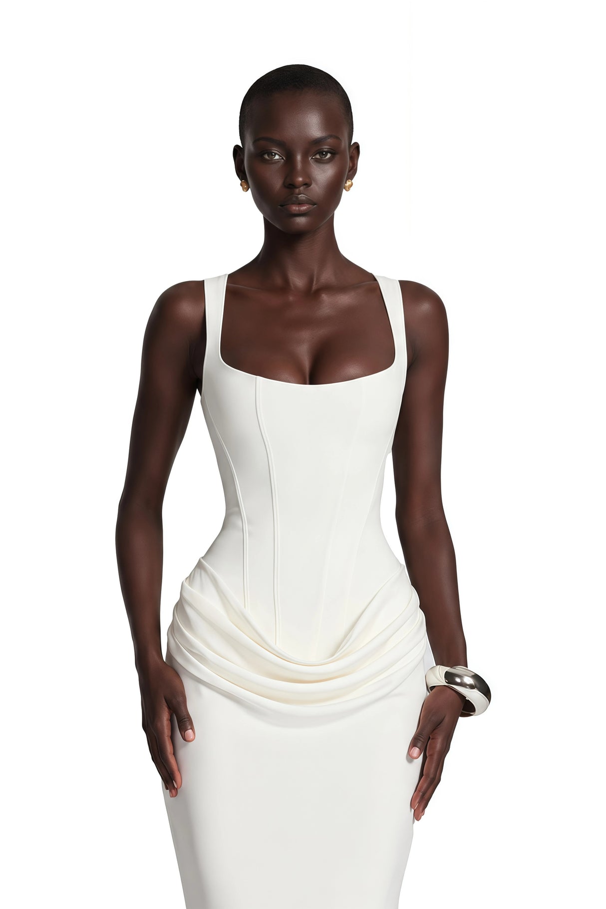 Paulette White Ruched Corset Maxi Dress