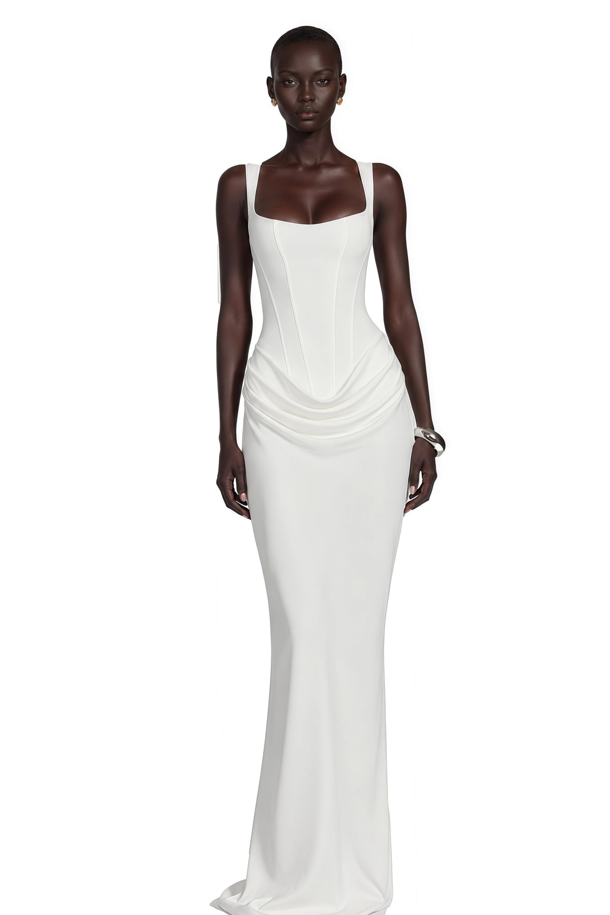 Paulette White Ruched Corset Maxi Dress
