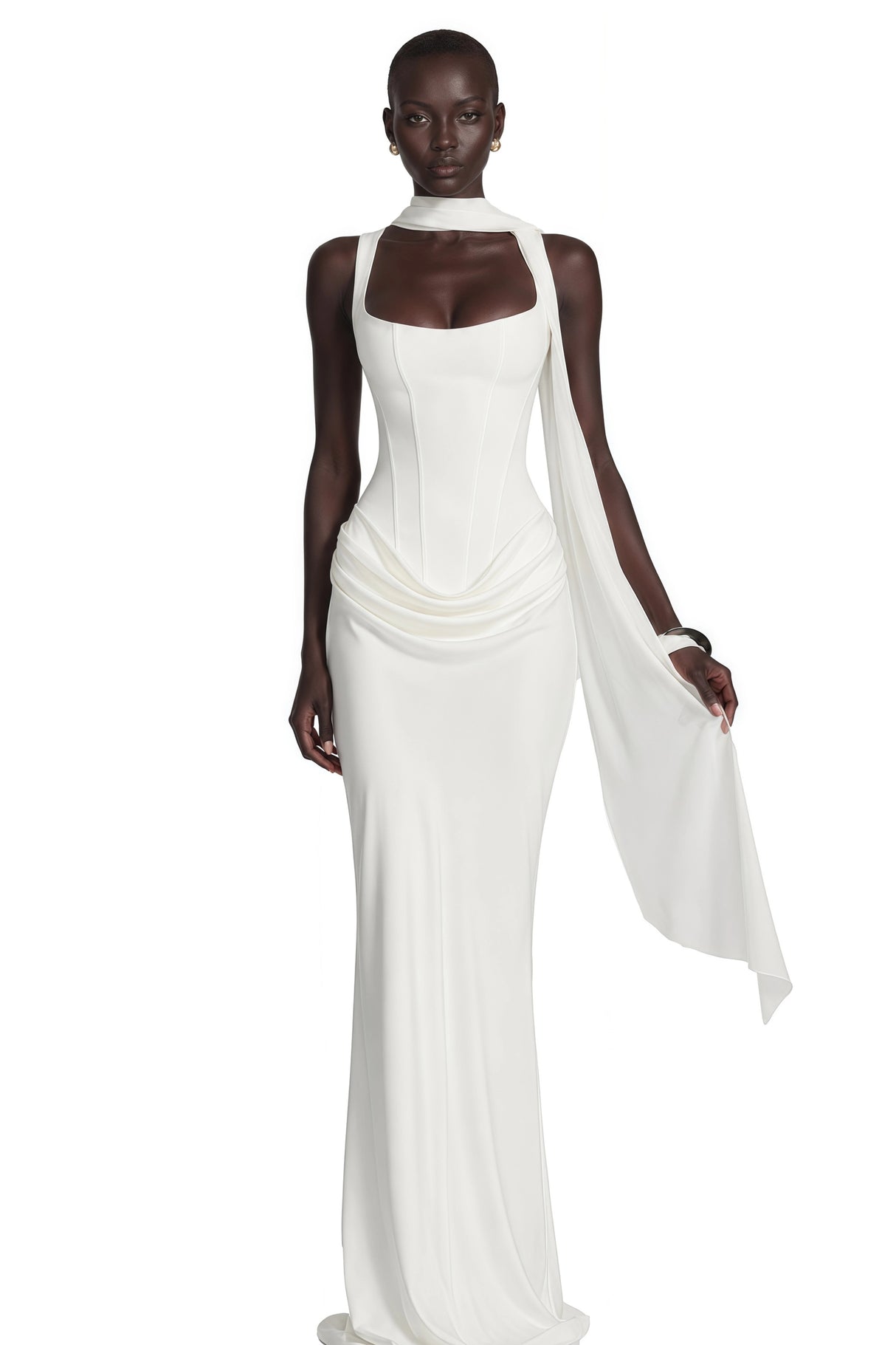Paulette White Ruched Corset Maxi Dress