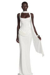 Paulette White Ruched Corset Maxi Dress