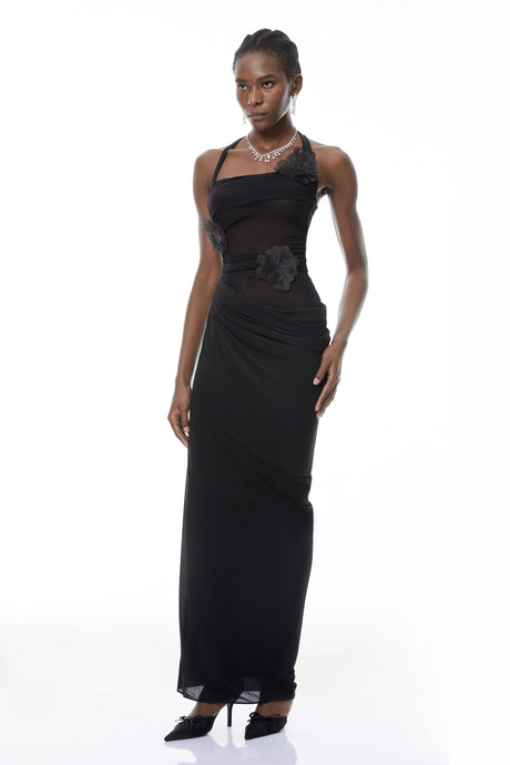 Chloe Maxi Dress Black Ruched with 3D Petals