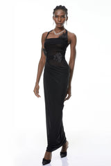 Pauline Black Ruched Maxi Dress with 3D Petals