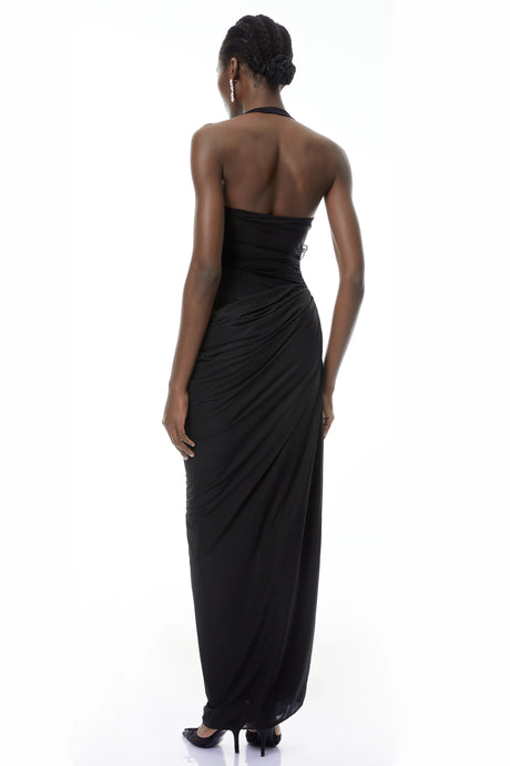 Chloe Maxi Dress Black Ruched with 3D Petals