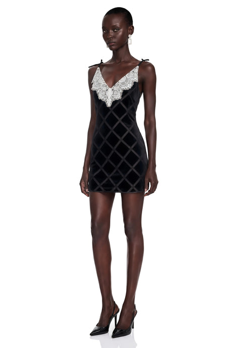 Marina Mini Dress Black Cut-Out Velvet with Bow