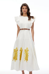 Pearl White Embroidered Maxi Dress with Flutter Sleeves