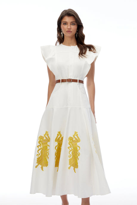 Donatella Maxi Dress White Embroidered with Flutter Sleeves