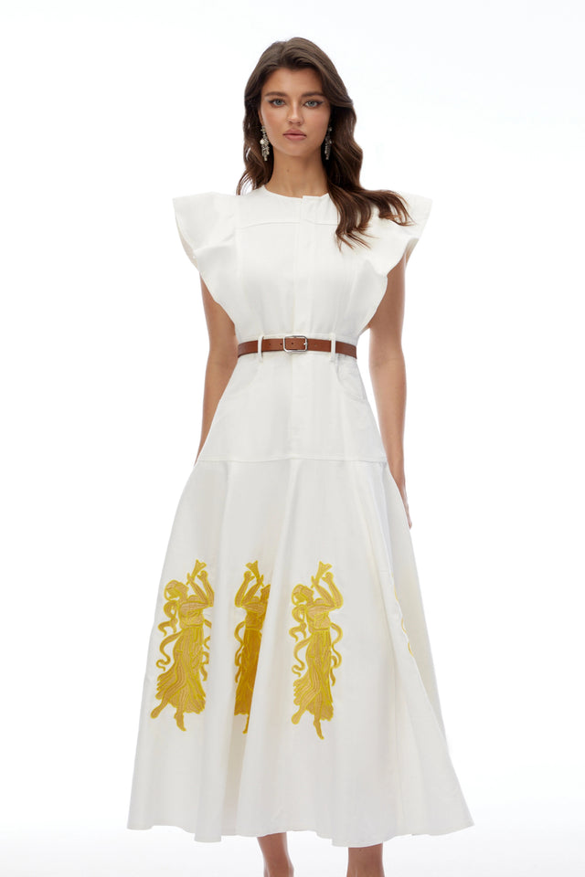 Pearl White Embroidered Maxi Dress with Flutter Sleeves