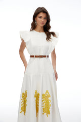 Pearl White Embroidered Maxi Dress with Flutter Sleeves