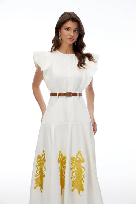 Donatella Maxi Dress White Embroidered with Flutter Sleeves
