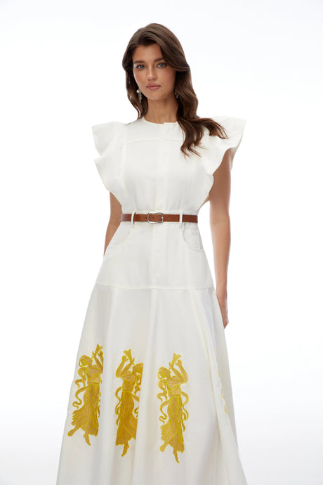 Donatella Maxi Dress White Embroidered with Flutter Sleeves