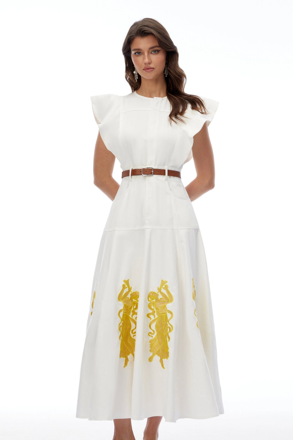 Pearl White Embroidered Maxi Dress with Flutter Sleeves