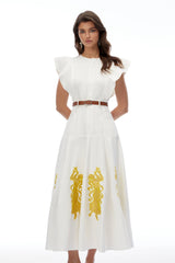 Pearl White Embroidered Maxi Dress with Flutter Sleeves