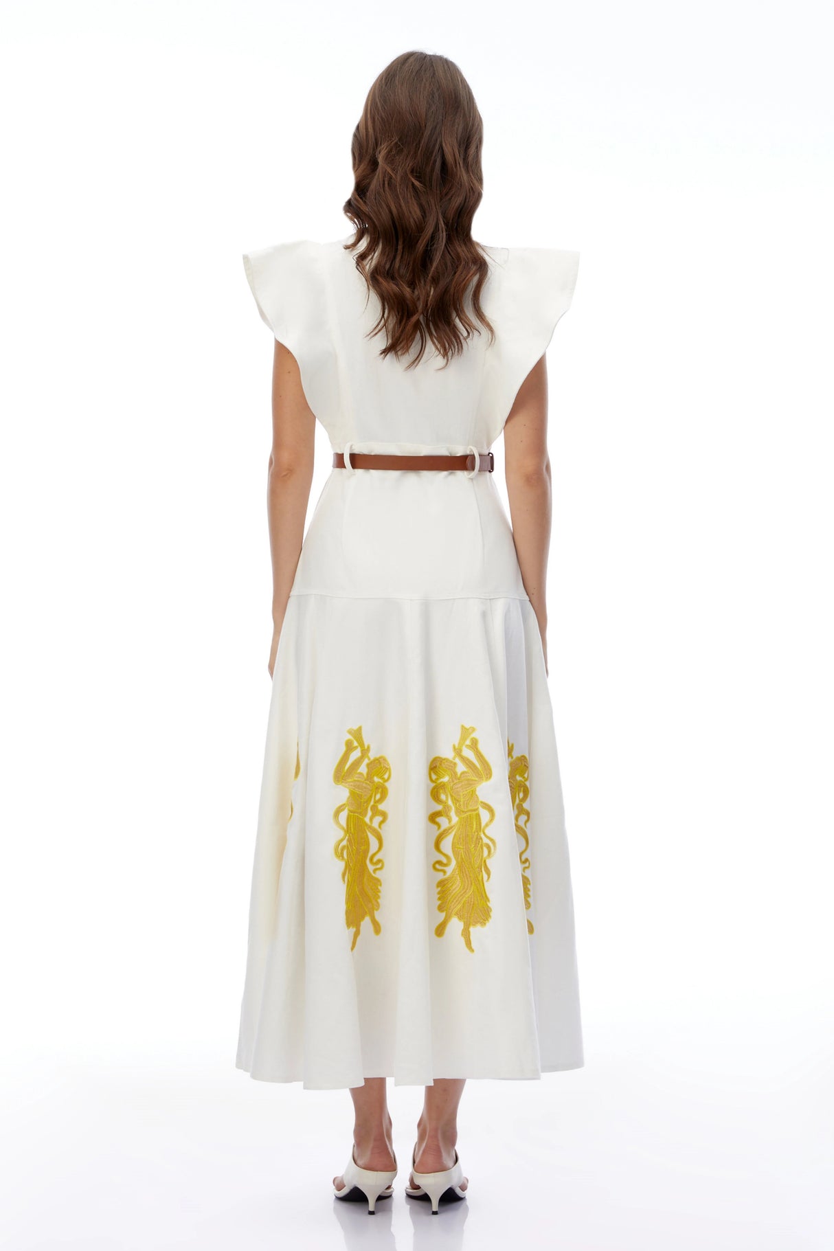 Pearl White Embroidered Maxi Dress with Flutter Sleeves
