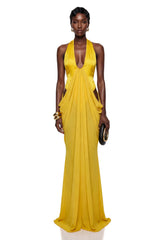 Pele Yellow CutOut Ruched Maxi Dress