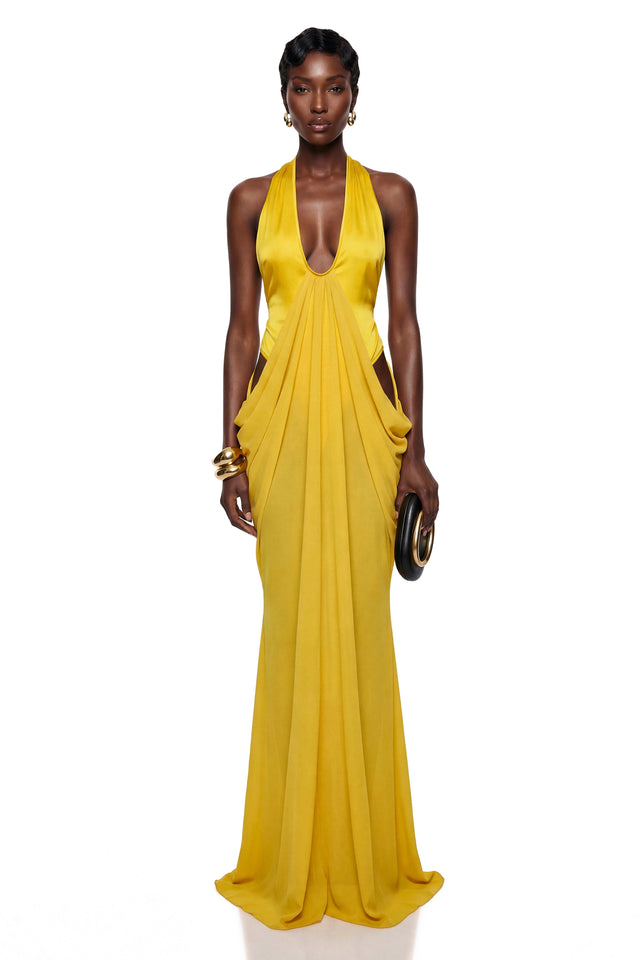 Pele Yellow CutOut Ruched Maxi Dress